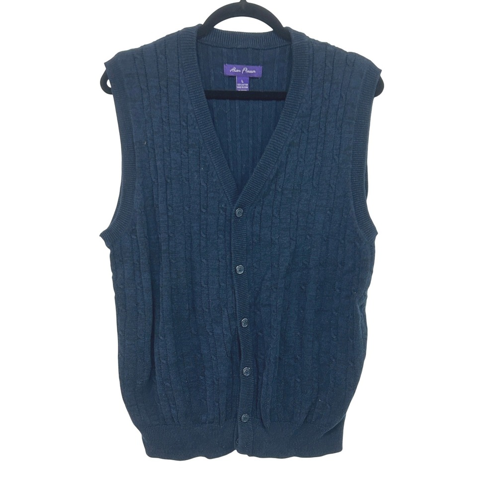 Cable Knit Sweater Vest Cardigan L Navy Grandpa Academia Preppy Alan Flusser